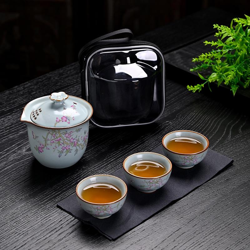 Ru kiln portable travel tea set Kuaike cup outdoor leather bag storage bag travel advanced sense camping