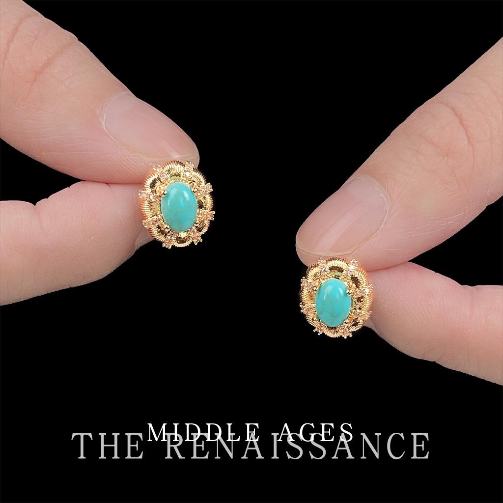 Серьги-гвоздики из синтетического бирюзового циркона в литературном ретро-королевском стиле