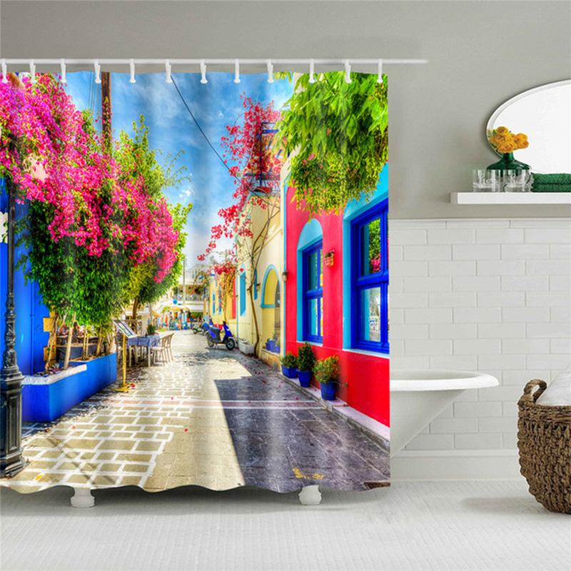 Pattern Landscape Bathroom Shower Curtain Waterproof Hook Bath Accessories Decor