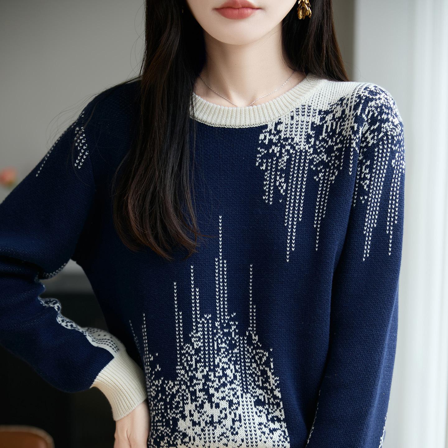 

New Women s 100% Cotton Knit Sweaters Stylish and Sophisticated Long-Sleeve Women s Sweaters Round-Neck Sweaters for Spring, Fall, and Winter 2XL темно-синього кольору