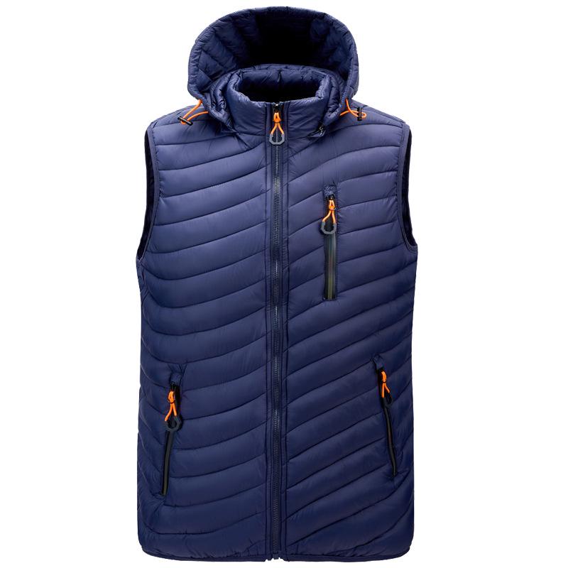 Men's Hooded Cotton-Padded Vest with Zipper Pockets for Autumn & Winter