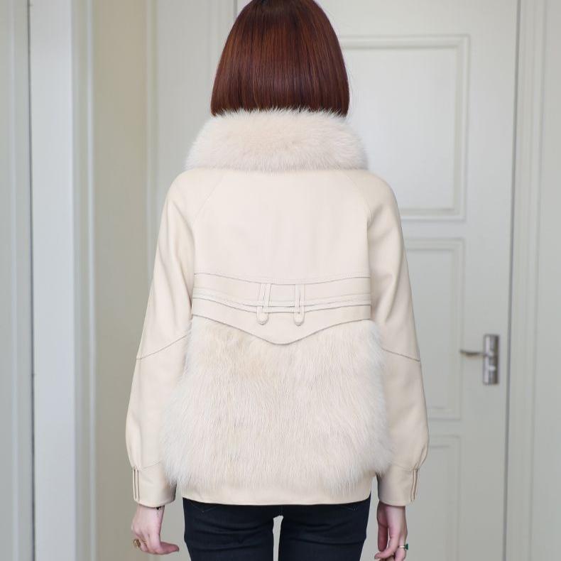 Autumn Winter Women's Faux Fur Coats Stitched Artificial Fox Fur Collar Fur Coat Short Slim Down Leather Jacket