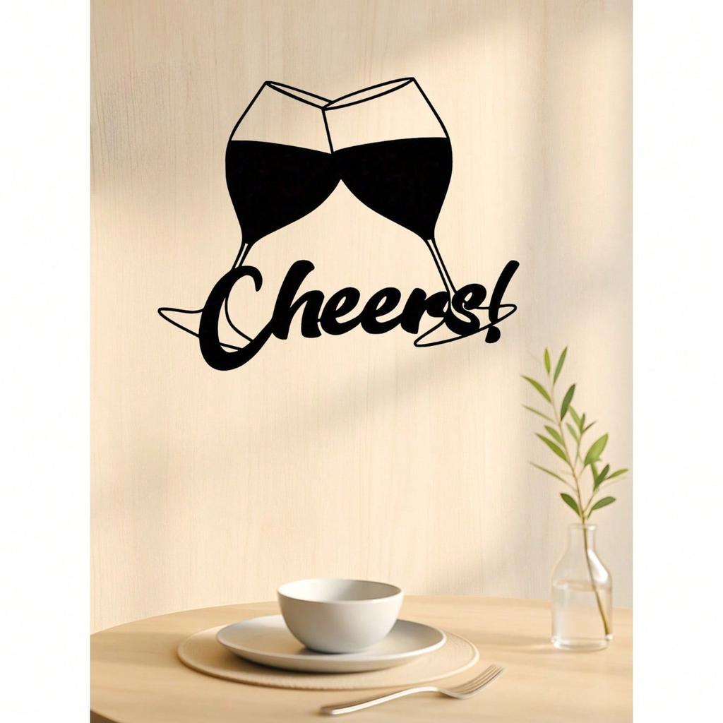 PC Metal Wine Wall Art Cheers Sign, Modern Black Glass Sculpture for Kitchen Bar Home Decor
