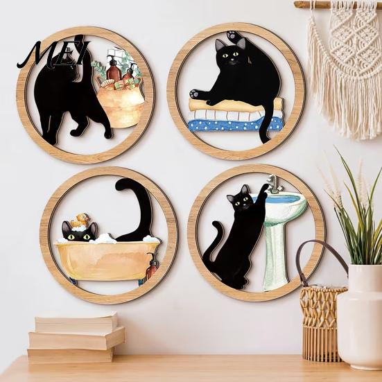 Durable Wooden Wall Hanging 4 Pcs Minimalist Black Cat Art, Geometric Round Circle Natural Wood Decor Decor, Abstract Sign for Living Room,