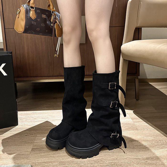 

Рыцарские сапоги, но брюки 2025 новый стиль на толстой подошве ретро спайс герлз универсальные с напуском до колена показывающие ноги длинные сапоги женские весенние 40 чёрный