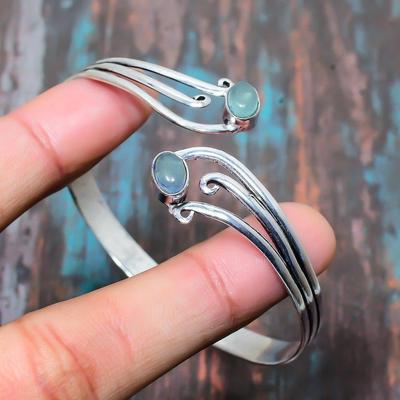 Aquamarine Gemstone Solid 925 Sterling Silver Handmade Jewelry Bangle Adjustable For Her