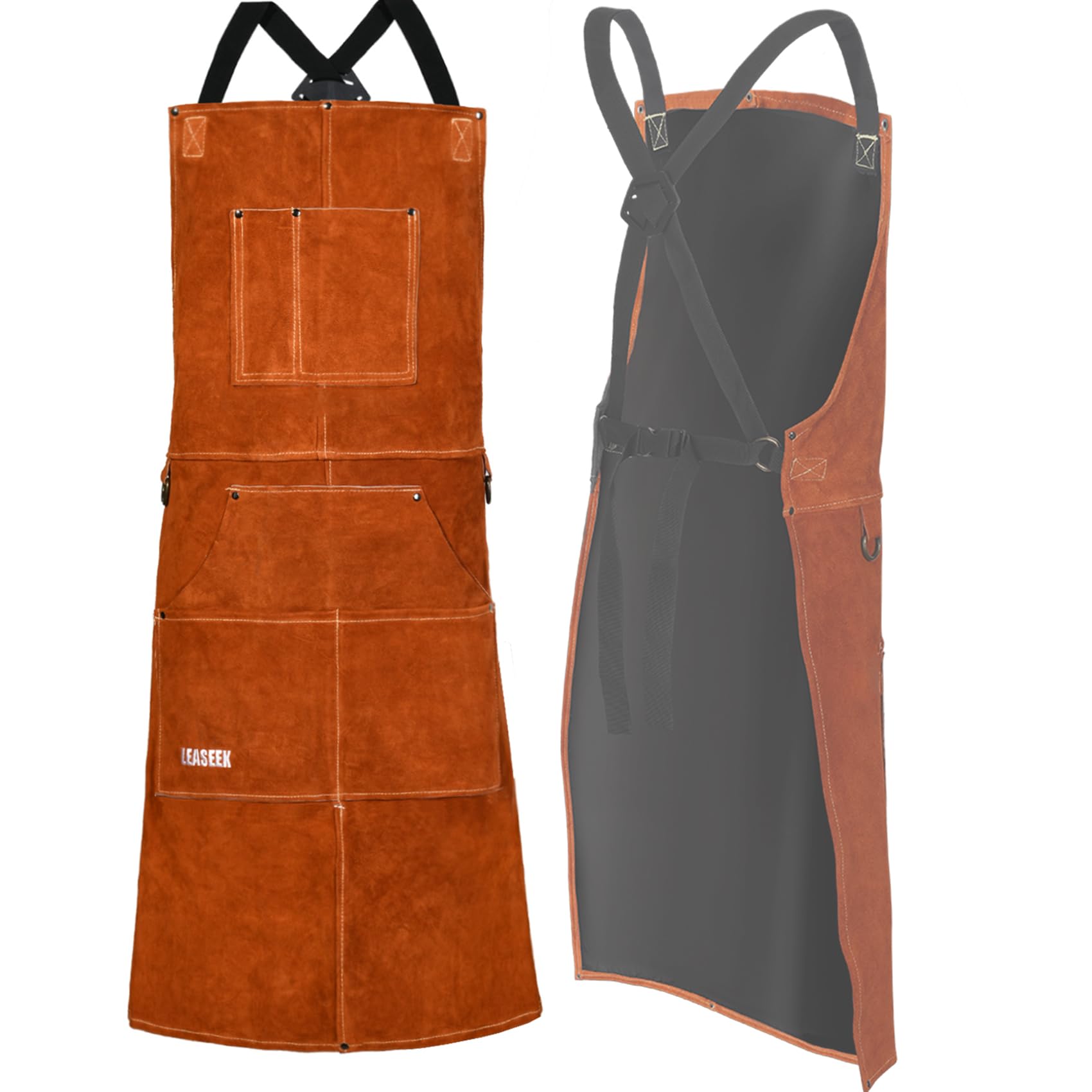 [LeaSeek] Flame-retardant, heat-resistant apron, genuine leather, for welding and BBQ work, highly durable, adjustable fit, unisex.