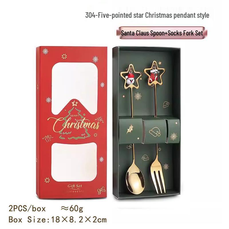 Christmas Cartoon Cutlery Set: Forks, Spoons, and Gift Box Featuring Cute Reindeer and Tree Designs.