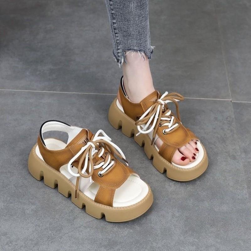 Soft Leather Women's Sandals Spring and Summer Fashion Color Matching Muffin Bottom Thick Sole Outer Wear Flat Bottom Lace-up Beach Roman Sandals