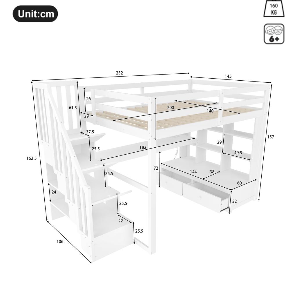 Letto a soppalco 140x200 con Scrivania e Mensole, Due Cassetti Integrati, Scala con Scomparti, Bianco