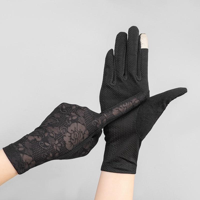 

Женские летние солнцезащитные кружевные перчатки для вождения на открытом воздухе из ледяного шелка, дышащие, с точечным противоскользящим покрытием, сенсорные перчатки для женщин чёрный