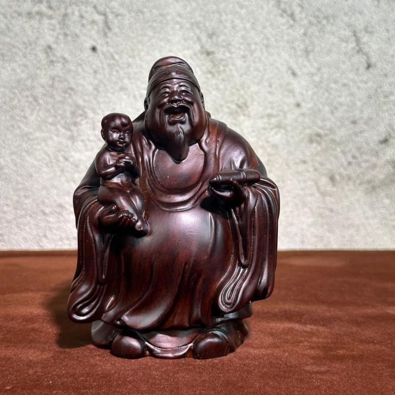 Karin Wood Carving Fulu Shou Ornament - Solid Wood Decor for Longevity Wishes and Birthday Gifts
