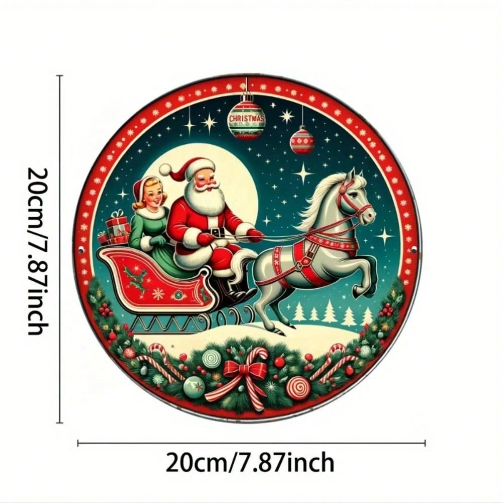 Vintage Christmas Santa Sleigh Ride Aluminum Metal Tin Wall Art Home Decor