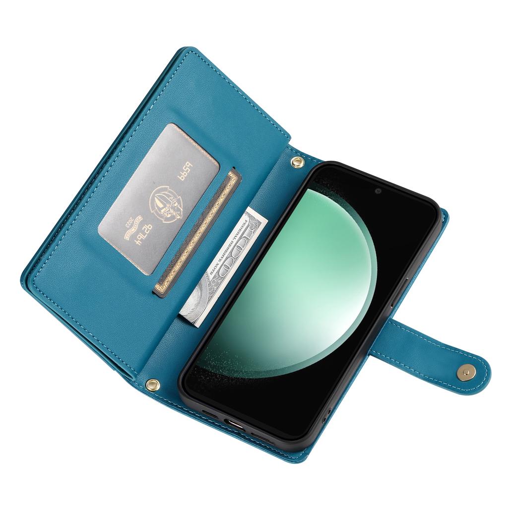 DF-011 For Samsung Galaxy S24 FE Case Zipper Pocket Wallet Leather Phone Cover with Straps