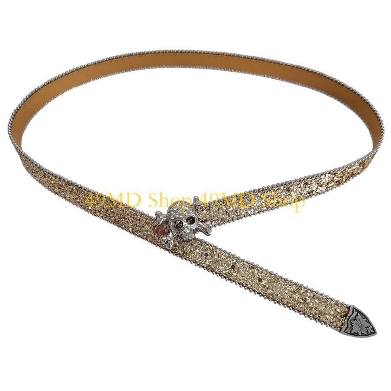 49MD Punk PU Waist Belt for Jean Heavy Duty Hip Hop Belt Waistband Glinting Buckle with Encrusted Rhinestones