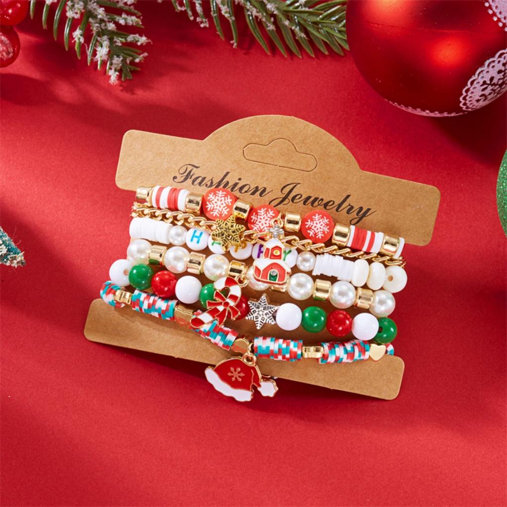 Christmas Crutch Star Santa Claus Deer Bell Snowflake Snowman Wreath Crystal Soft Clay Rice Beads Bracelet For Women Men Jewelry