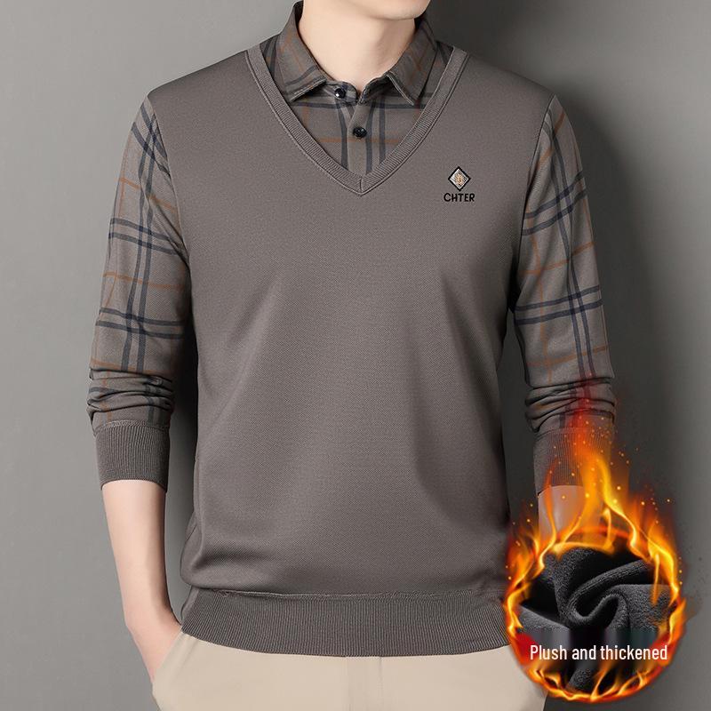 Men's Fleece-Lined Two-Piece Shirt Collar Knitted Sweater - Autumn/Winter Warm Base Layer