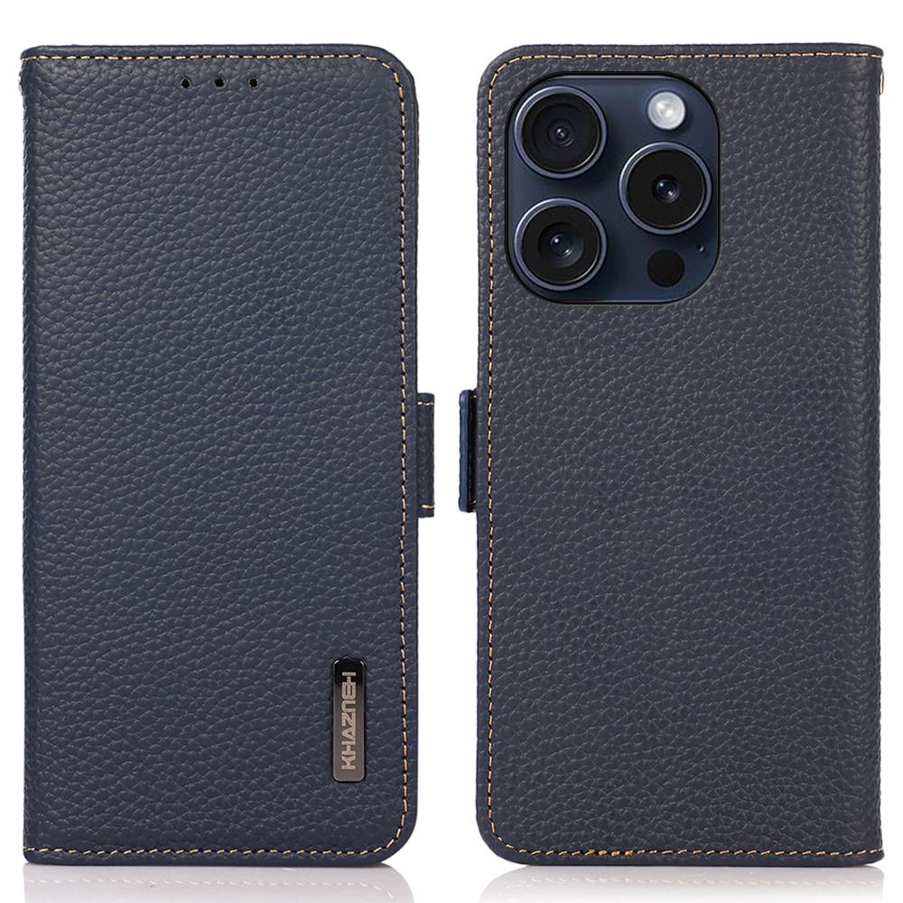 

KHAZNEH For iPhone 16 Pro Case RFID Blocking Genuine Cow Leather Wallet Phone Cover Blue