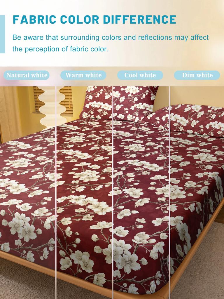 Simple 1 Modern Plant Flower Printed Matte Fitted Sheet, Bedroom Printed Bed Cover, Bedding Excluding Pillowcases