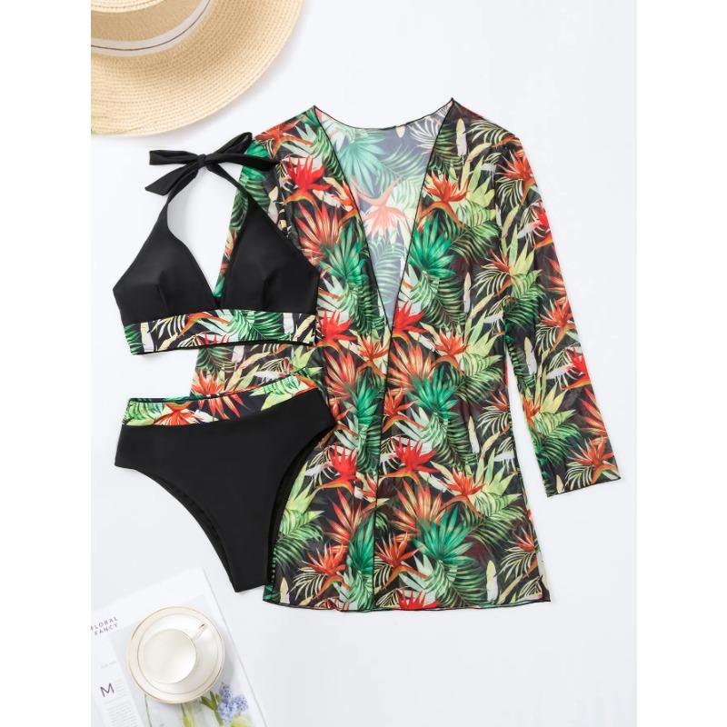 Neckholder Print Bikini Sets 3PCS Damen Badeanzug Mit Kimono Hohe Taille Bademode Weibliche Badegäste Baden Schwimmen Badeanzug Strandbekleidung