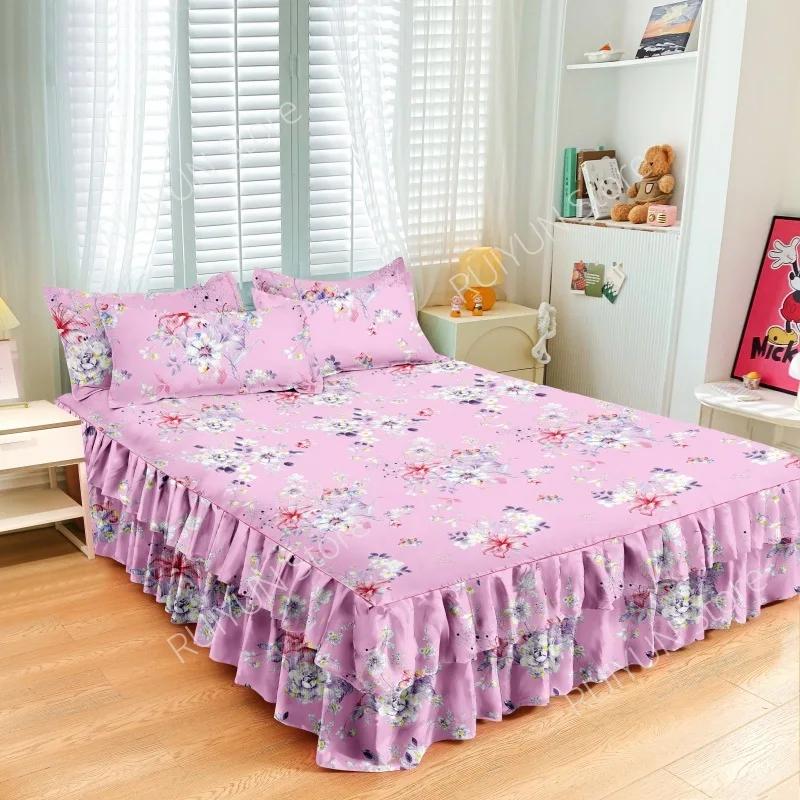 Dvouvrstvá postelová sukně, protiskluzový chránič matrace, květinový tištěný princeznovský přehoz, přehoz na postel, prostěradlo, dekorace
