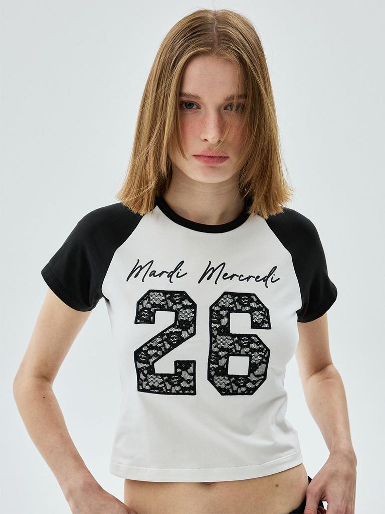 [mardimercredi] Cropped T-Shirt Raglan No.26 Lace Ivory Black