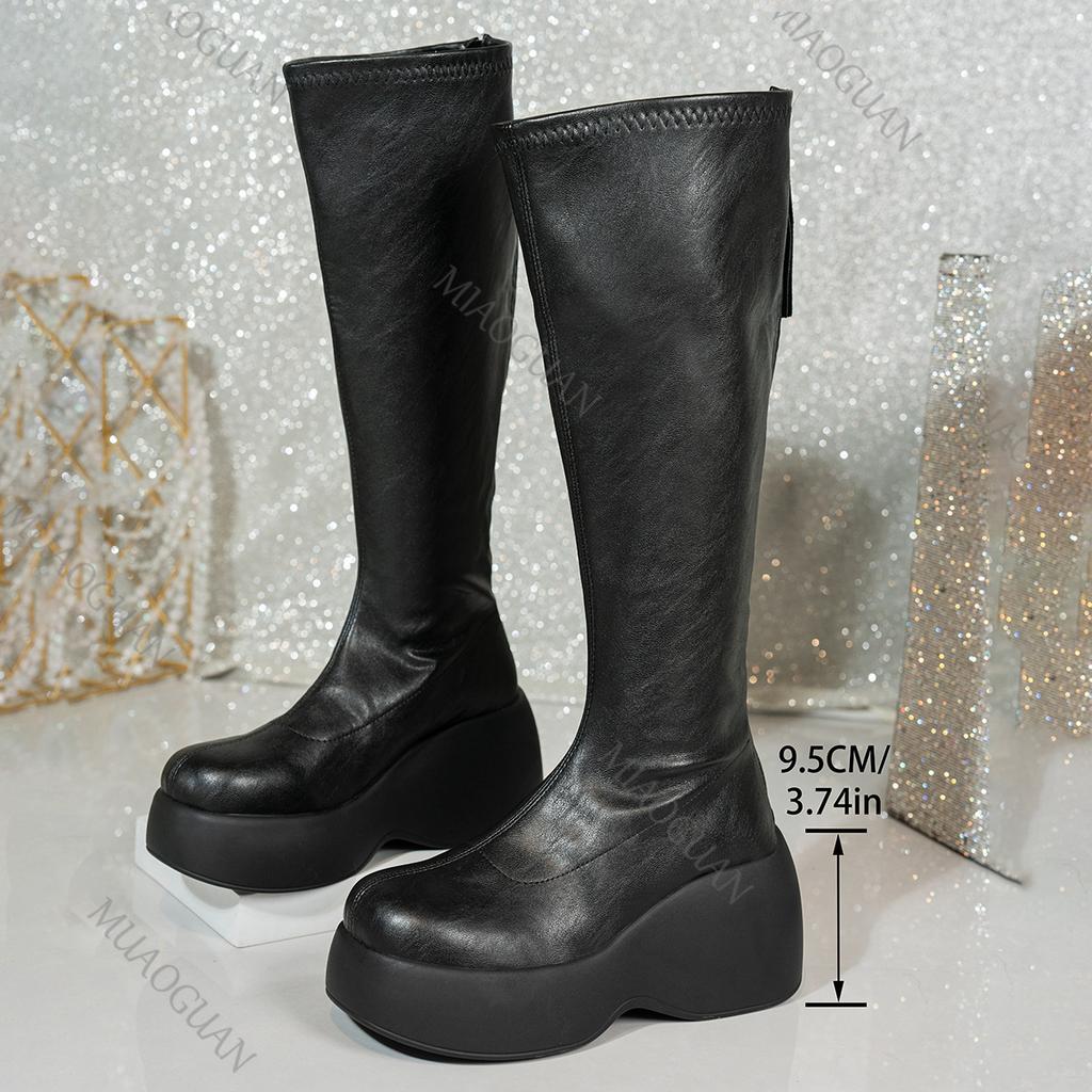 Fashion Women Black Long Boots Short Velvet Thick Bottom Autumn Winter Women's Shoes Punk Style High Heels Female Long Knee High Boots