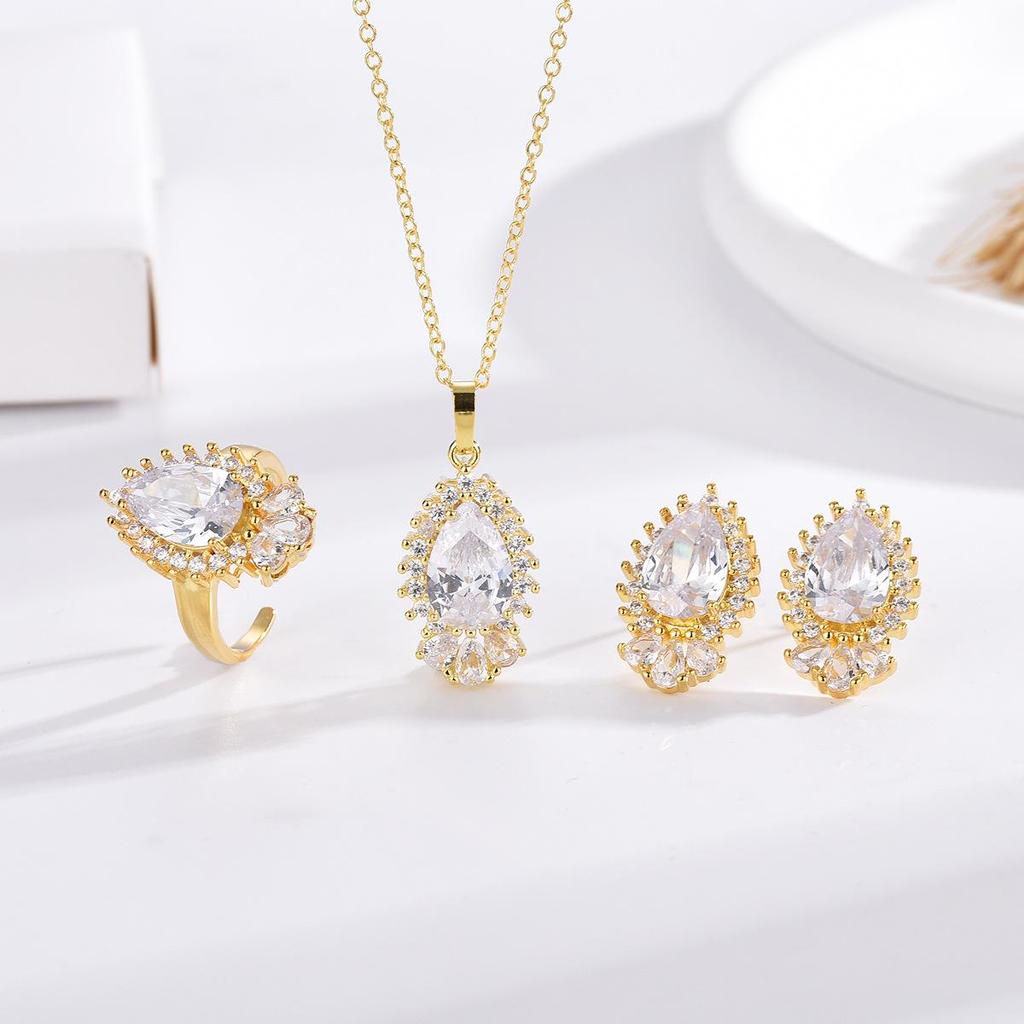 Minimalist Water Drop Zircon Jewelry Set: Pendant Clavicle Necklace, Stud Earrings, Adjustable Pear-Shaped Ring