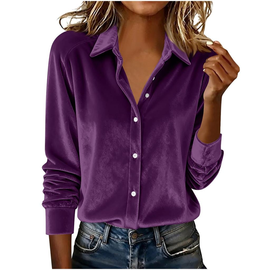 Women's Fashionable Color Lapel Long Sleeved Casual Loose Gold Velvet Shirt Top