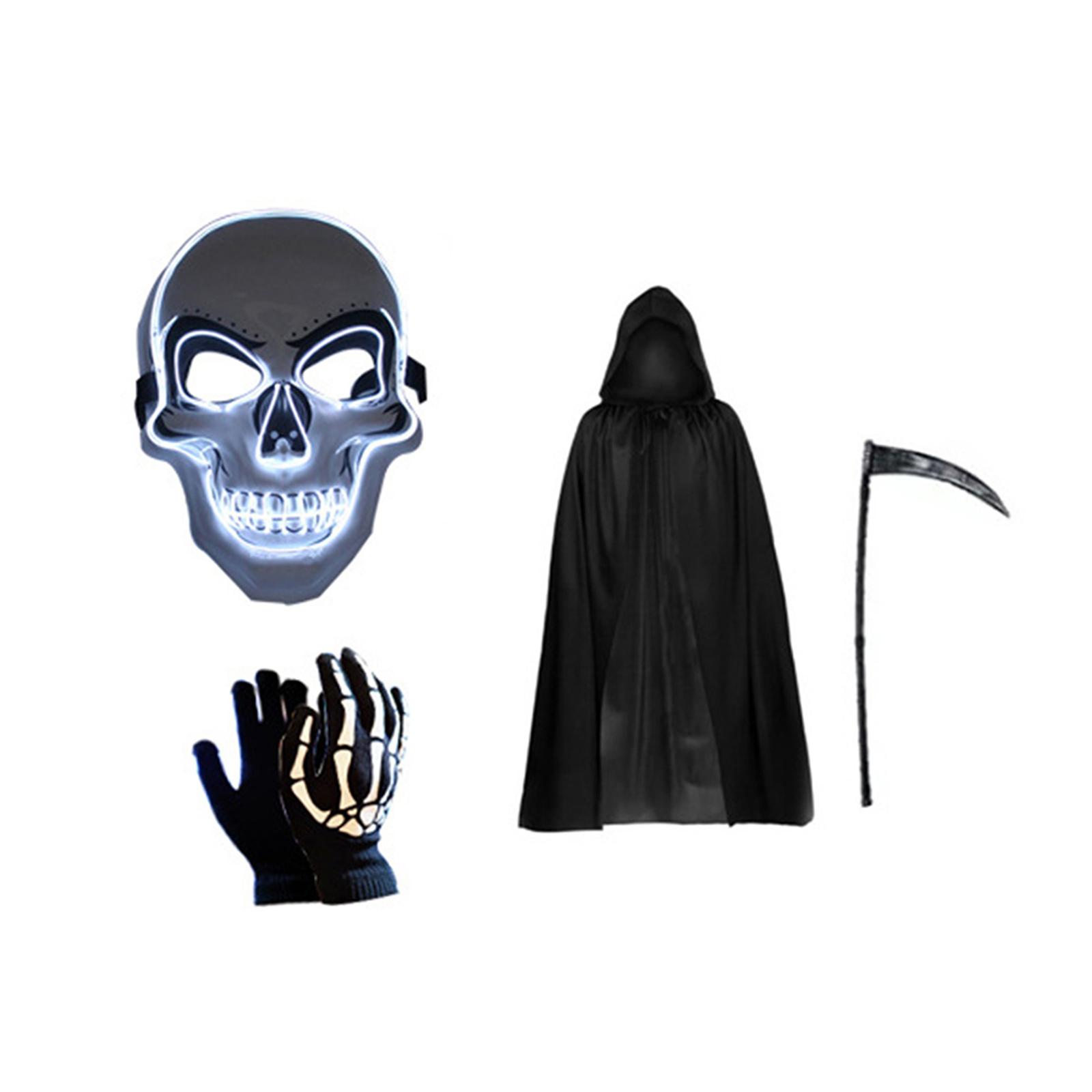 

Kids Adult Halloween Accessories Set Light Up Skull Mask Hooded Cape and Gloves and Realistic Scythe for Costume Parties A