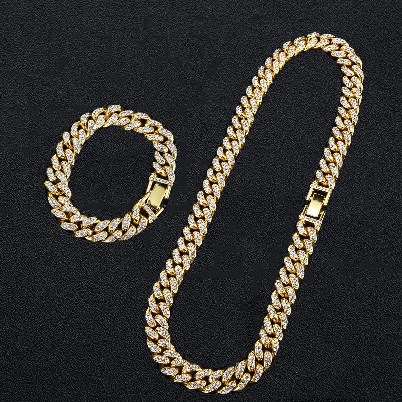 New Street Trendsetter: Double Row Full Diamond Alloy Hip Hop Cuban Chain Bracelet Necklace, 12.5mm, European & American Style.