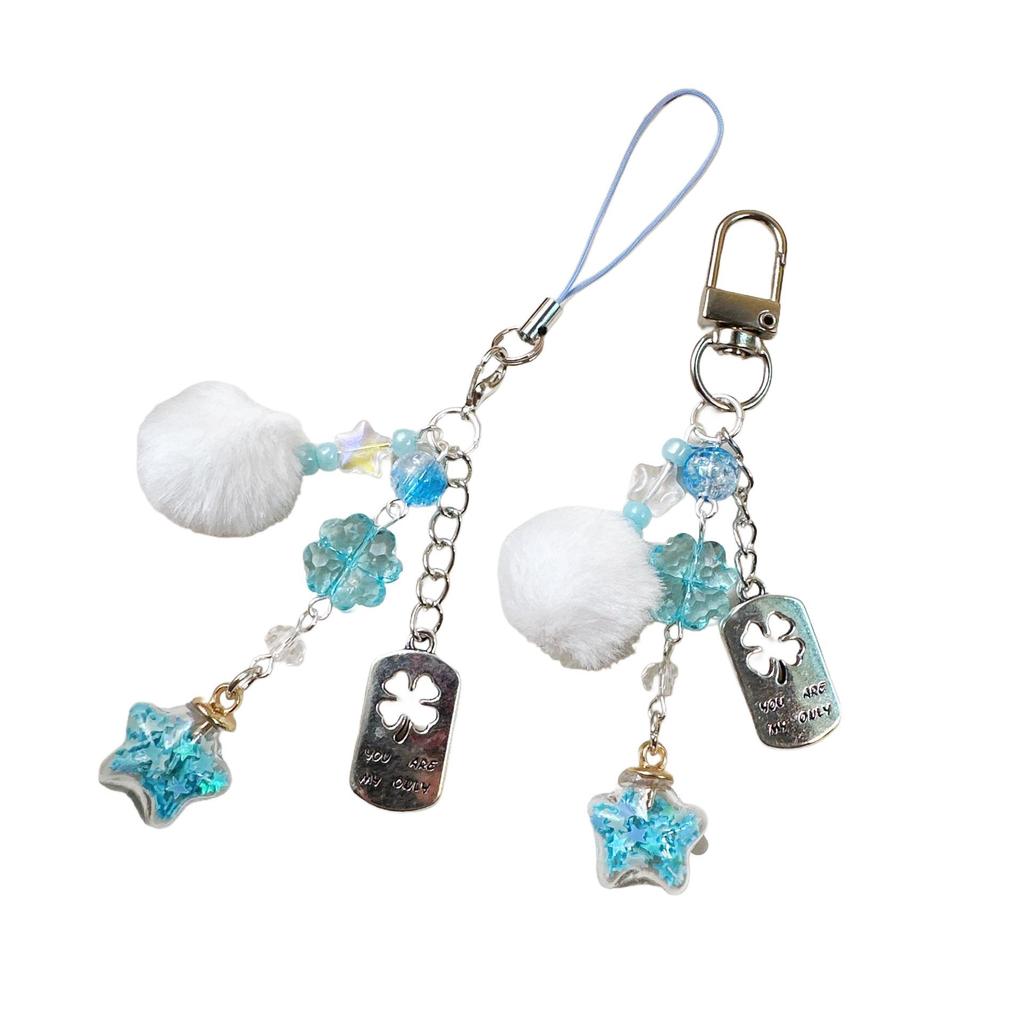 Dreamy Ocean Keychain: Blue Glass Wishing Bottle & Fur Ball Charm Phone Pendant