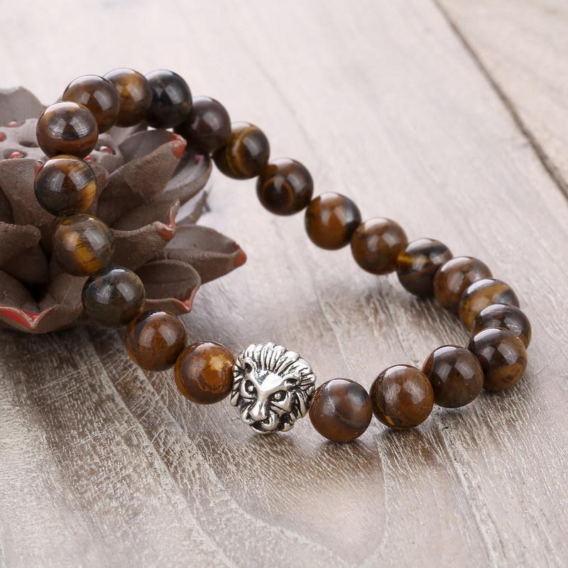 Lion Head Beaded Bracelet with 8MM Tiger Eye Stone and Alloy Accents