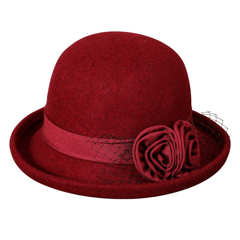 Middle-aged elderly autumn and winter warm woolen basin hat femininity mother flower curling top hat fashion versatile bucket hat