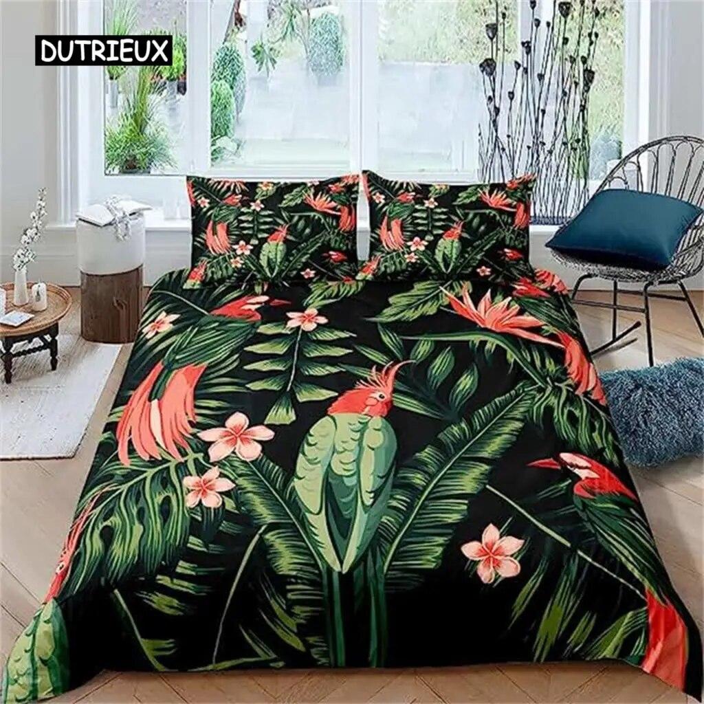 Palm Leaves Duvet Cover Banana Leaves Duvet Cover Hawaiian Tropical Leaves Bedding Set Green Leaves Branches Quilt Cover Women  Three-piece Set