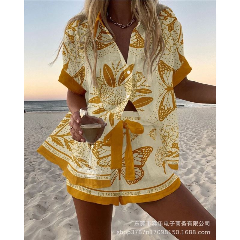 Y beach pants short-sleeved shirt set women s multi-color resort style casual two-piece set S