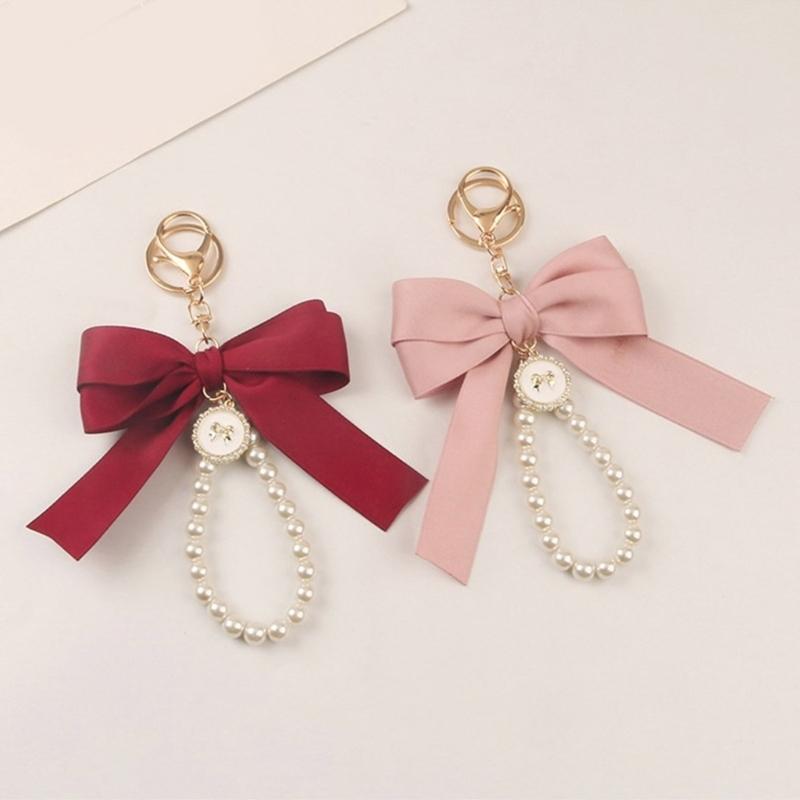 Elegant Pearl Chain Keychain with Large Ribbon Bowknot Pendant Stylish Keychain for Women and Girls Bag Decoration