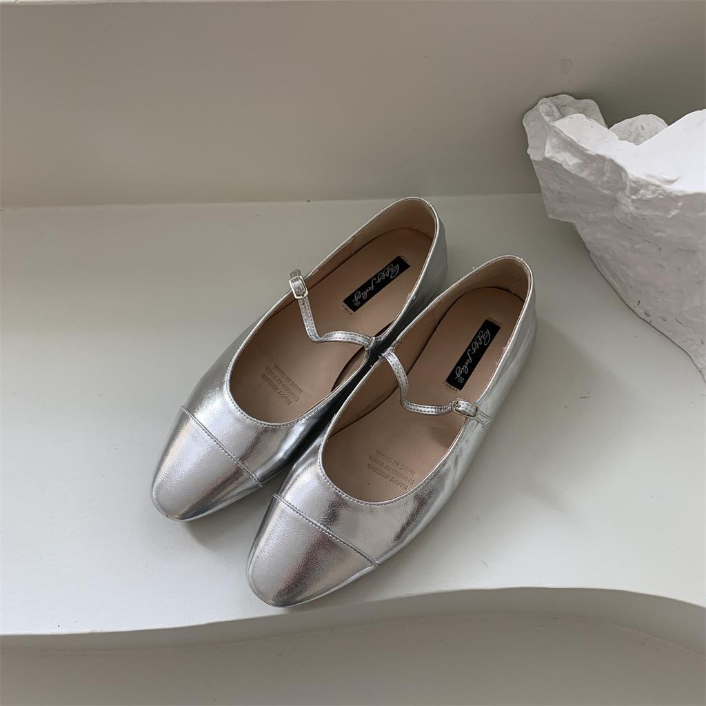 Fashion Flats Shoes for Women Luxury Silver Ballet Shoes Women's New 2025 Autumn French Mary Jane High Heel Single Shoe Ladies