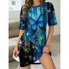 Women's Dreamy Forest Butterfly Blue Crew Neck Midi T-shirt Nightdress