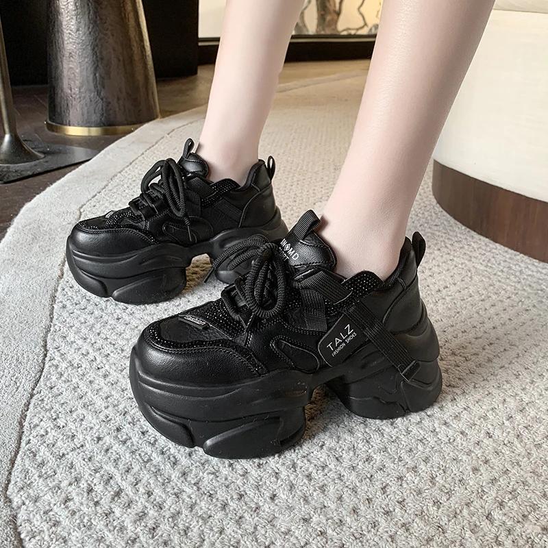 Fashion 8.5CM Microfiber Leather Women Casual Chunky Shoes New Autumn High Platform Wedge Heels Sneakers Outdoor Skateboard Dad Shoes