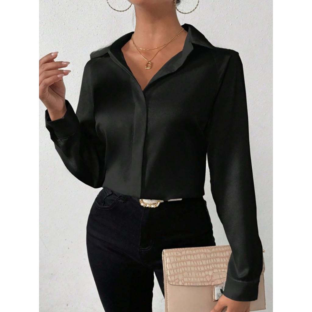 Satin Imitation Silk Long Sleeved Solid Color Women's Shirts
