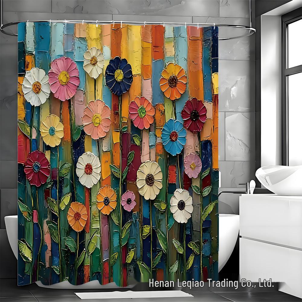 Künstlerisches Duschvorhang-Set im Ethno-Stil: Bunte Blumen & Pinselstrich-Blätter