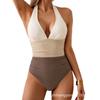 One-piece Swimsuit New Sexy Solid Color Stitching Halterneck Women's Swimsuit