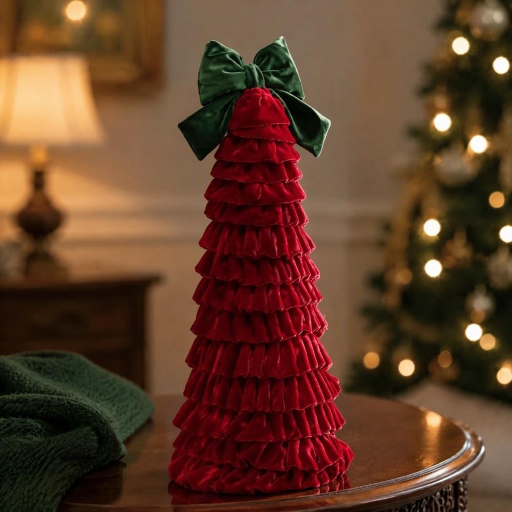 Bow Decor Christmas Tree Ornament Exquisite Tree Shape Bowknot Ruffled Style Tree Tower Home Decor