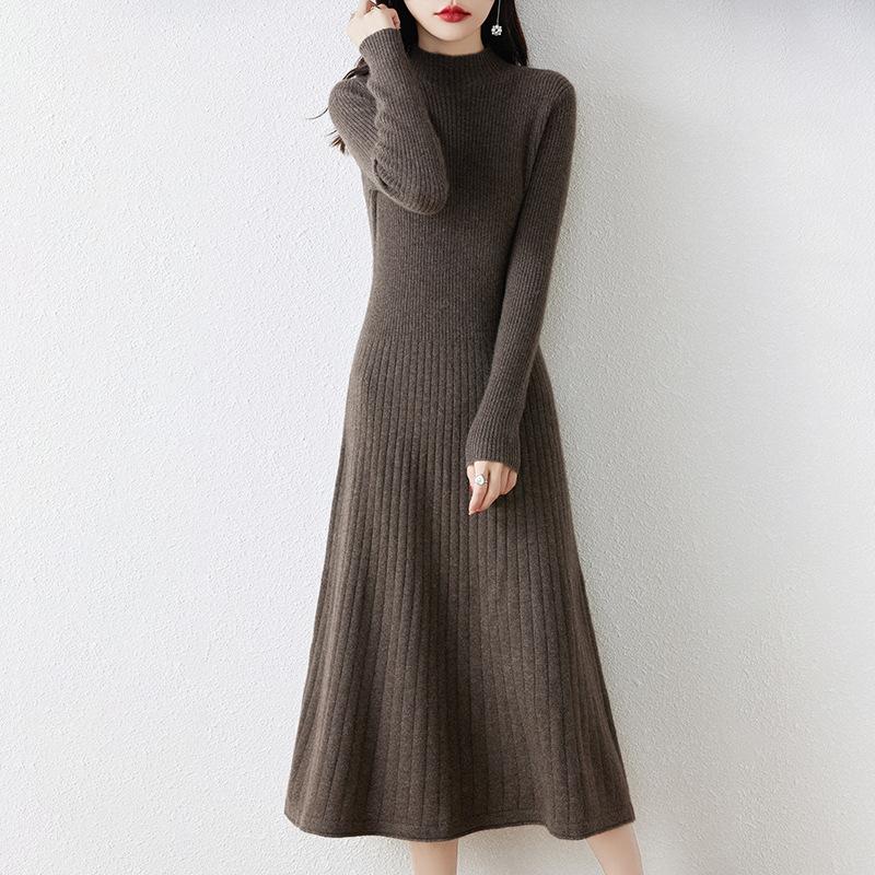 Solid Color Thin Semi-turtleneck Knitted Dress Women's Autumn and Winter New Temperament Elegant Inside with Backing Sweater Long Dress