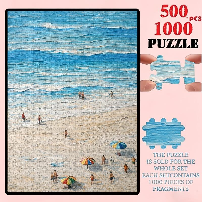 500/1000pcs Puzzle Game (Shallow Waters, Playful Waves, Sandy Shore, Gathering Leisure, Blue Sea, Rolling Waves) Suitable for Living Room Decoration,