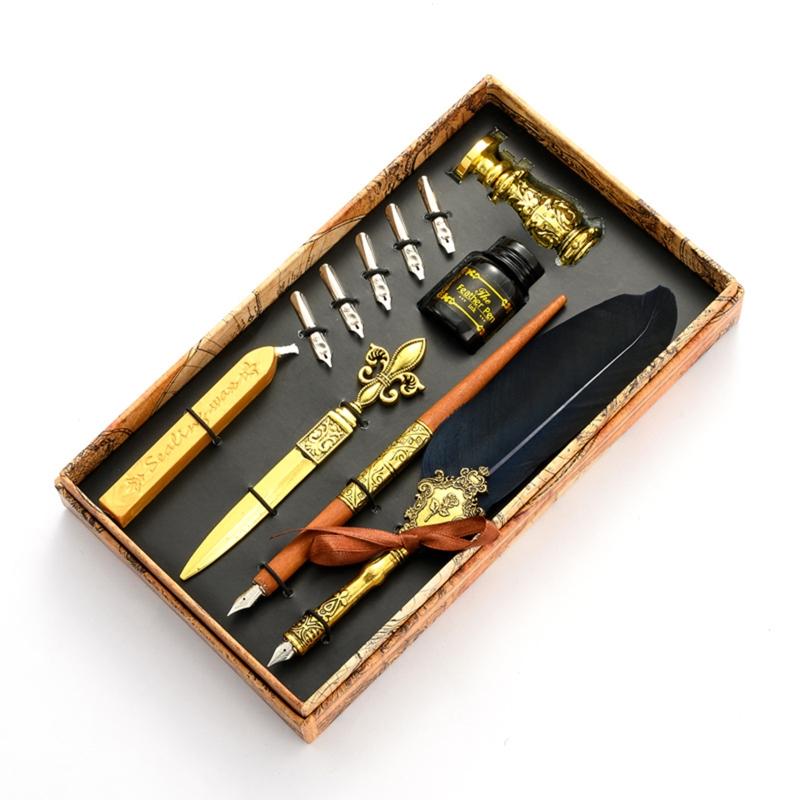 European Style Alloy Vintage Feather Pen Set Fountain Dip Feather Pen Set