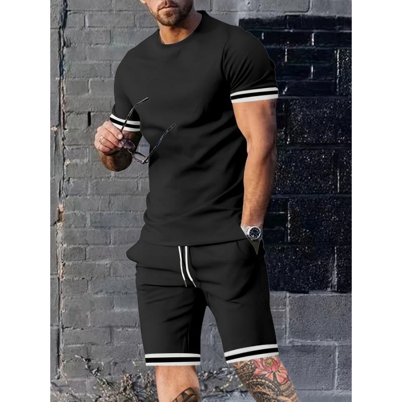 Men's Fashion Solid Color Casual Two-piece Set, Including Round Neck Short Sleeved T-shirt and Drawstring Shorts