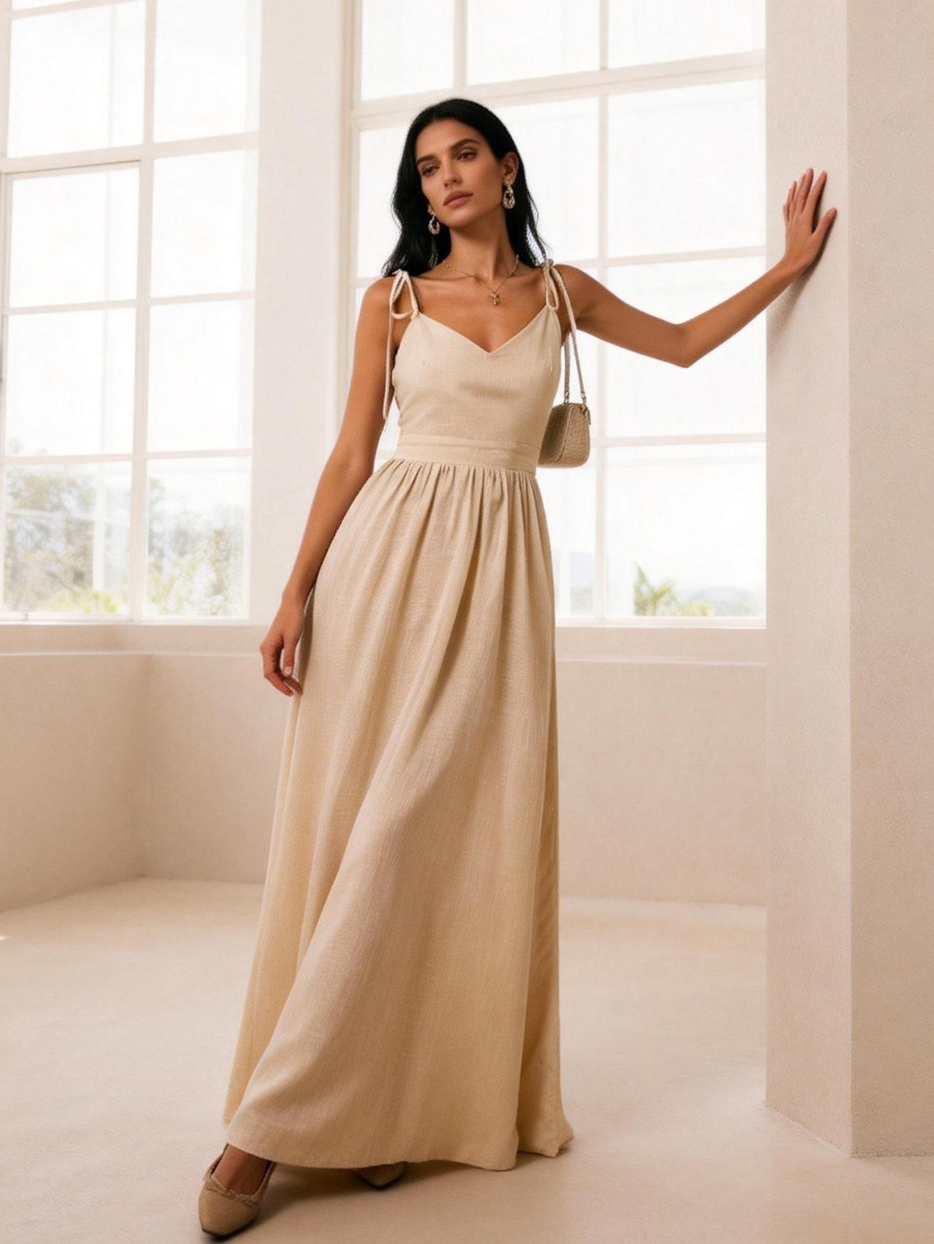 

French elegant suspender long dress women s summer new V-neck lace-up waist thin temperament dress burst XS