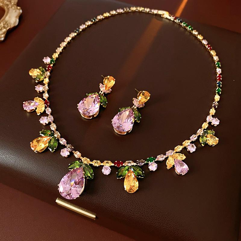 

Color Zircon Water Drop Leaf Necklace European and American High Fashion Evening Dress Jewelry Set for Women Wedding